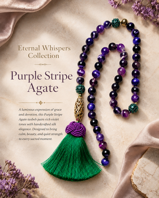 Purple Stripe Agate Tasbeh with Green Silk Tassel