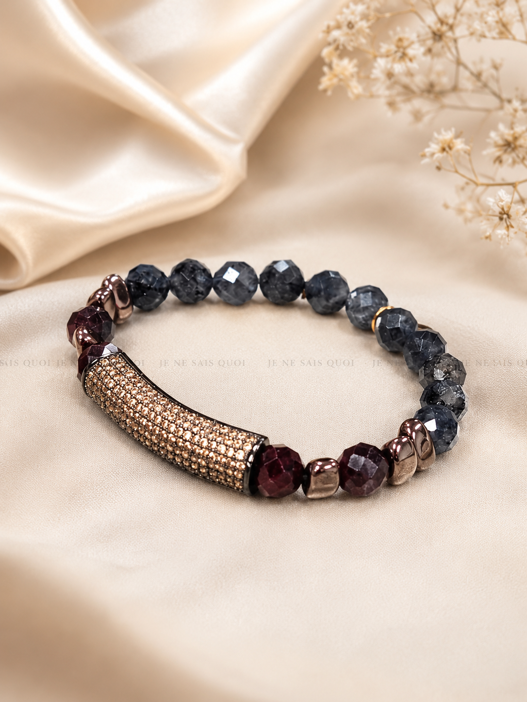 Blue-Violet Cordierite, Orange Garnet and Bronze Hematite Bracelet