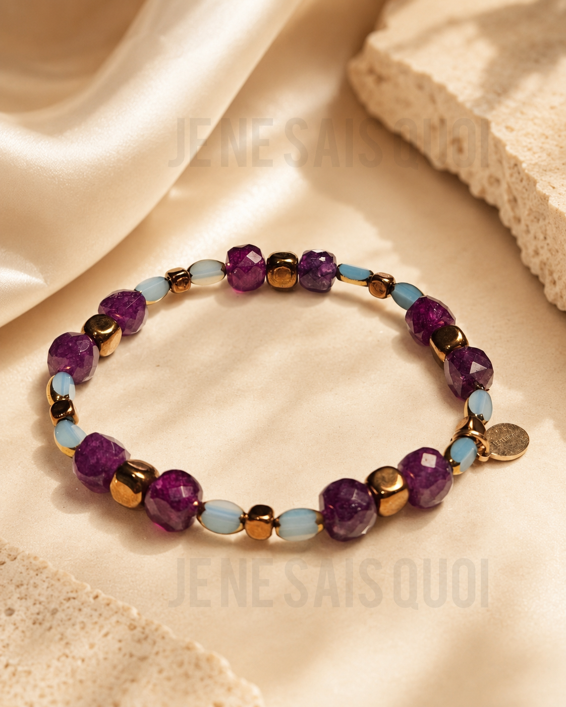 Purple Jade, Sky Blue Glass and Bronze Hematite Bracelet