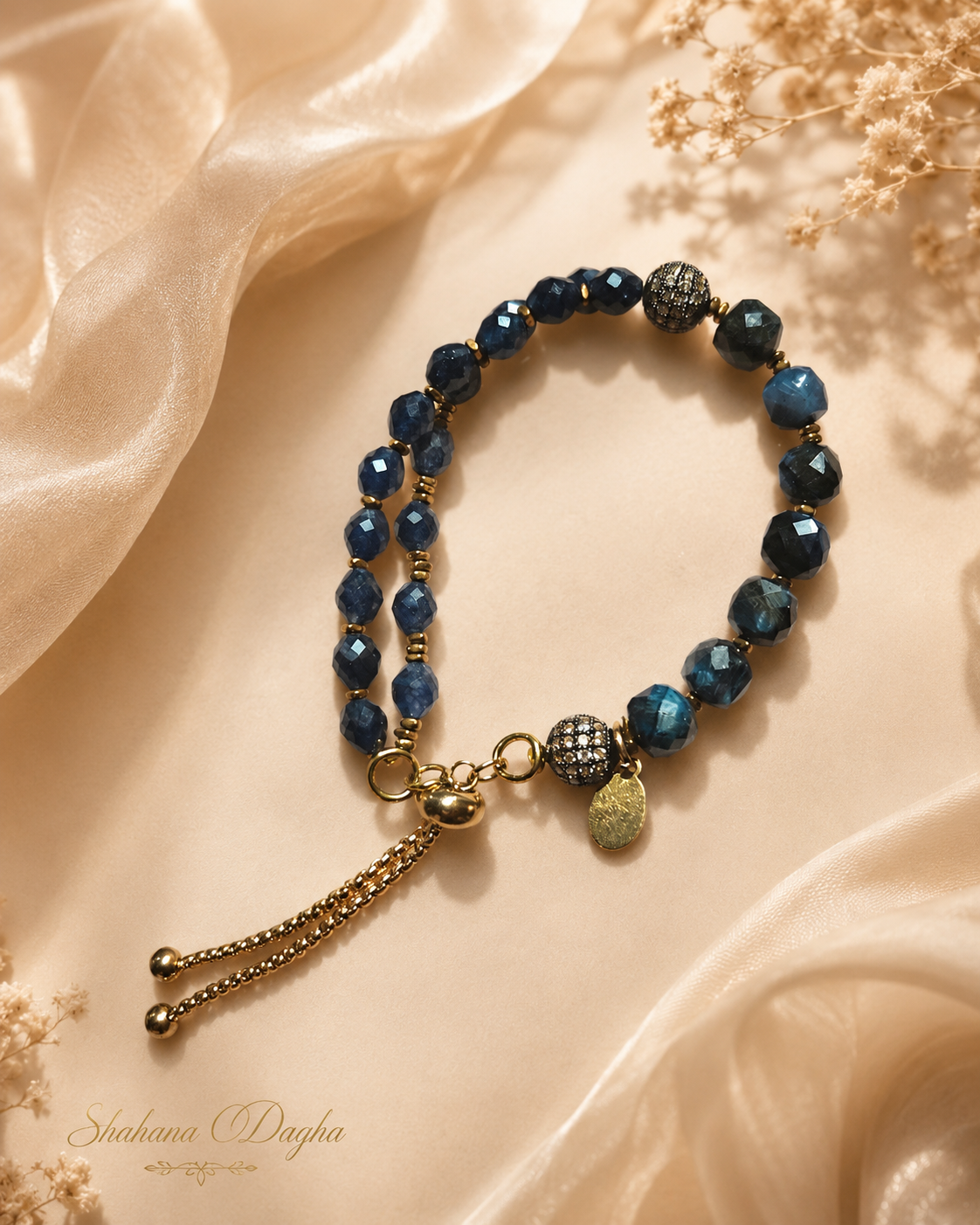 Dark Blue Tiger’s-Eye and Sapphire Rose-Gold Bracelet