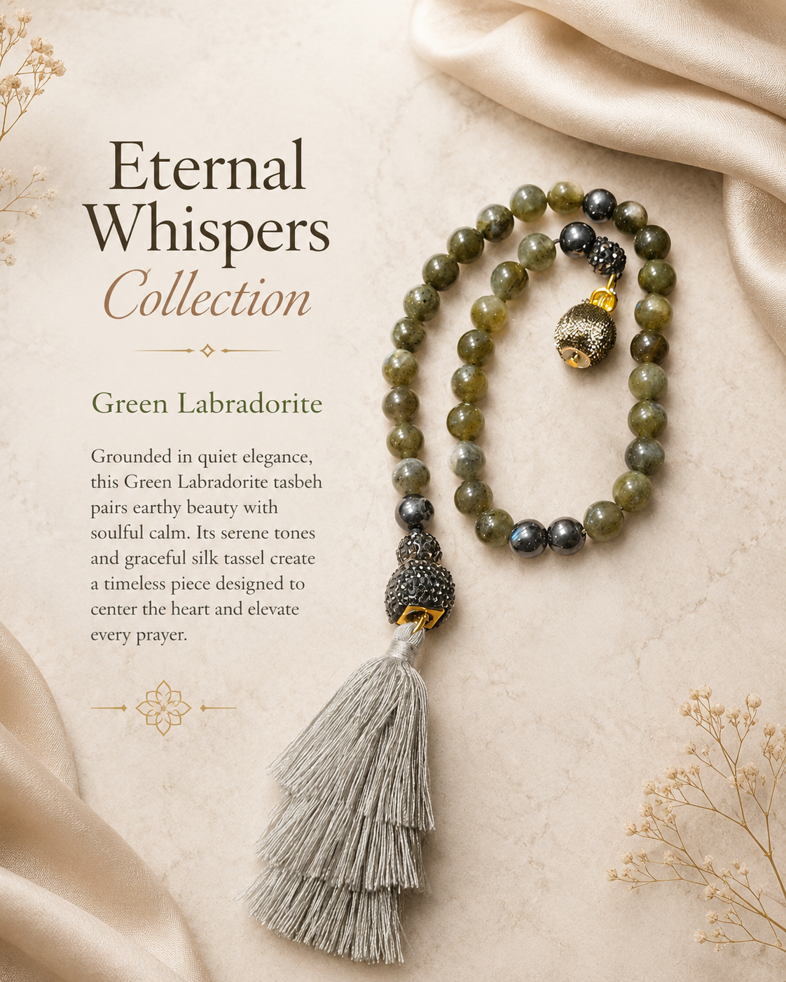 Green Labradorite Tasbeh with Silver Silk Tassel