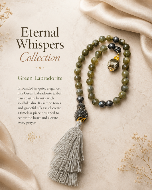 Green Labradorite Tasbeh with Silver Silk Tassel