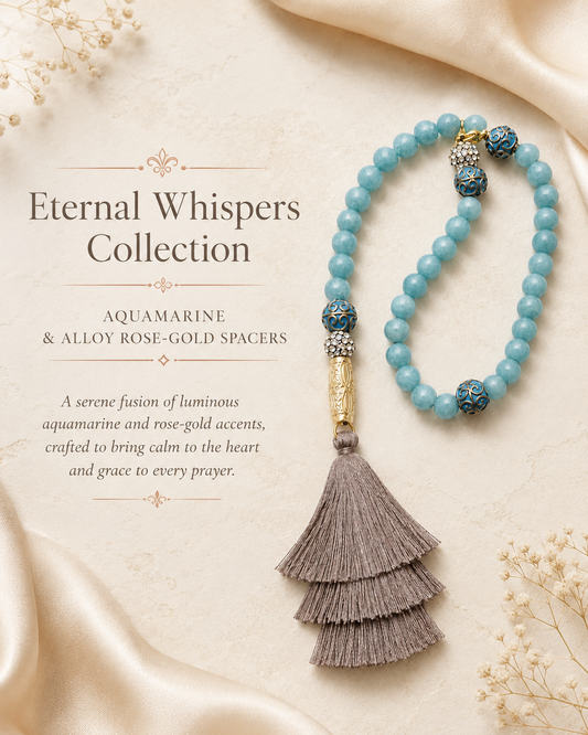 Aquamarine Tasbeh with Rose-Gold Accents and Layered Tassel