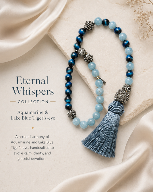 Aquamarine and Lake Blue Tiger’s-Eye Tasbeh with Blue Silk Tassel
