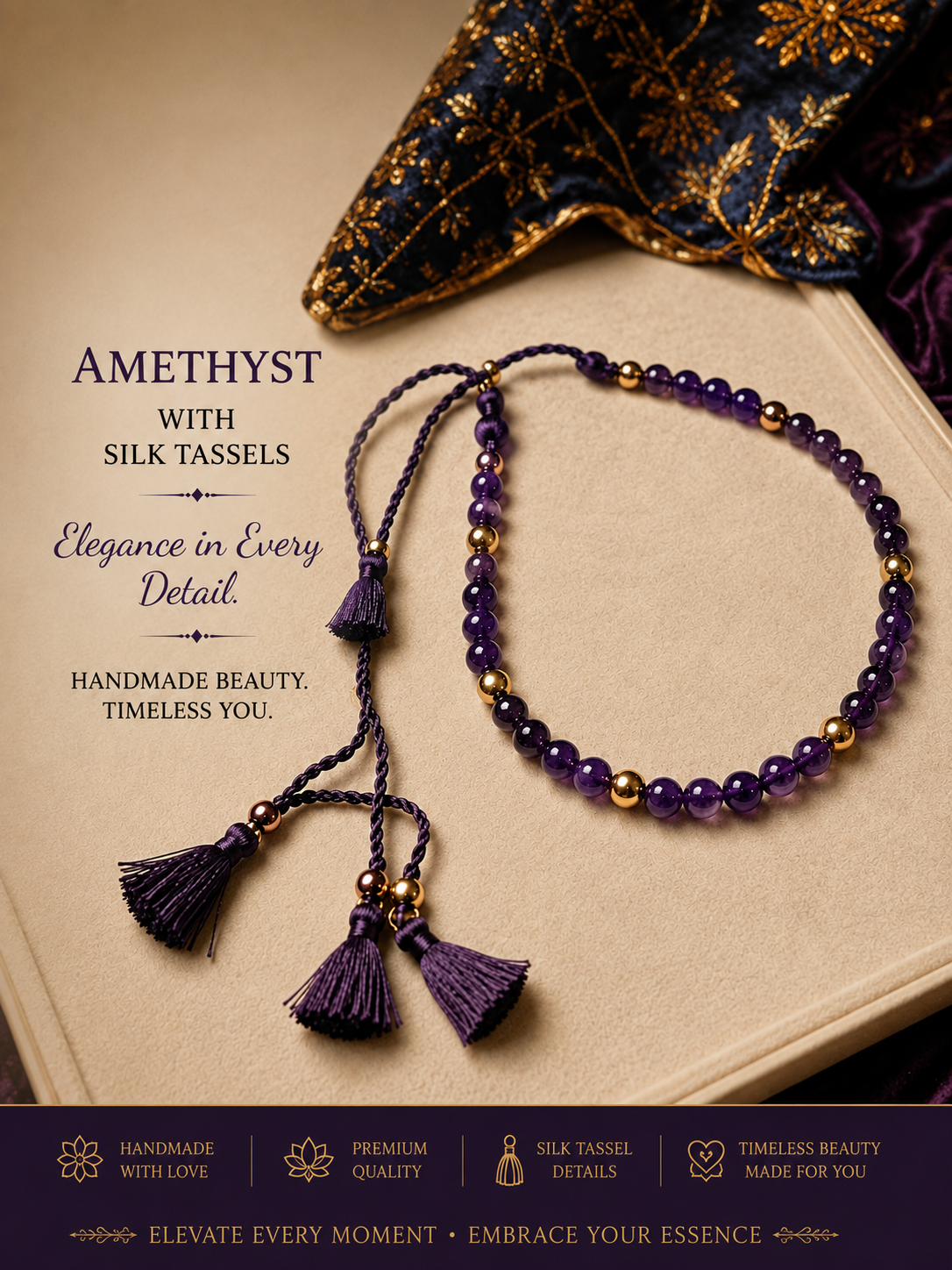 Amethyst and 21K Gold-Plated Spacer ,Silk Tassel Necklace and Bracelet Set