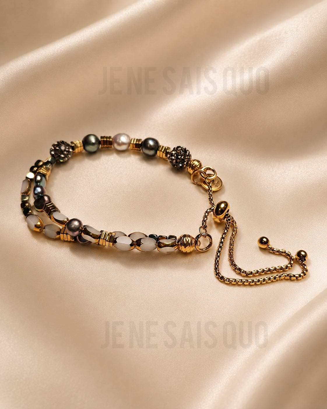 Freshwater Pearl, Milky White Glass and Gold Hematite Adjustable Bracelet
