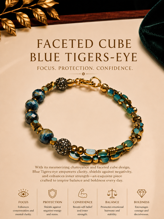 Faceted Cube Blue Tiger’s-Eye Statement Bracelet