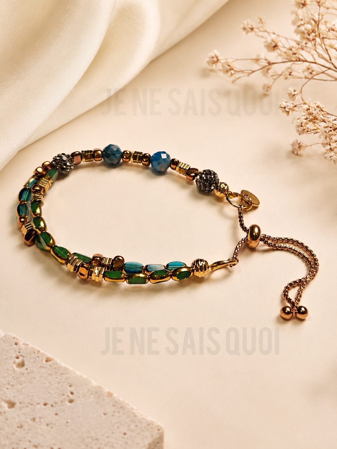 Lake Blue Tiger’s-Eye and 21K Gold-Plated Glass Bead Adjustable Bracelet