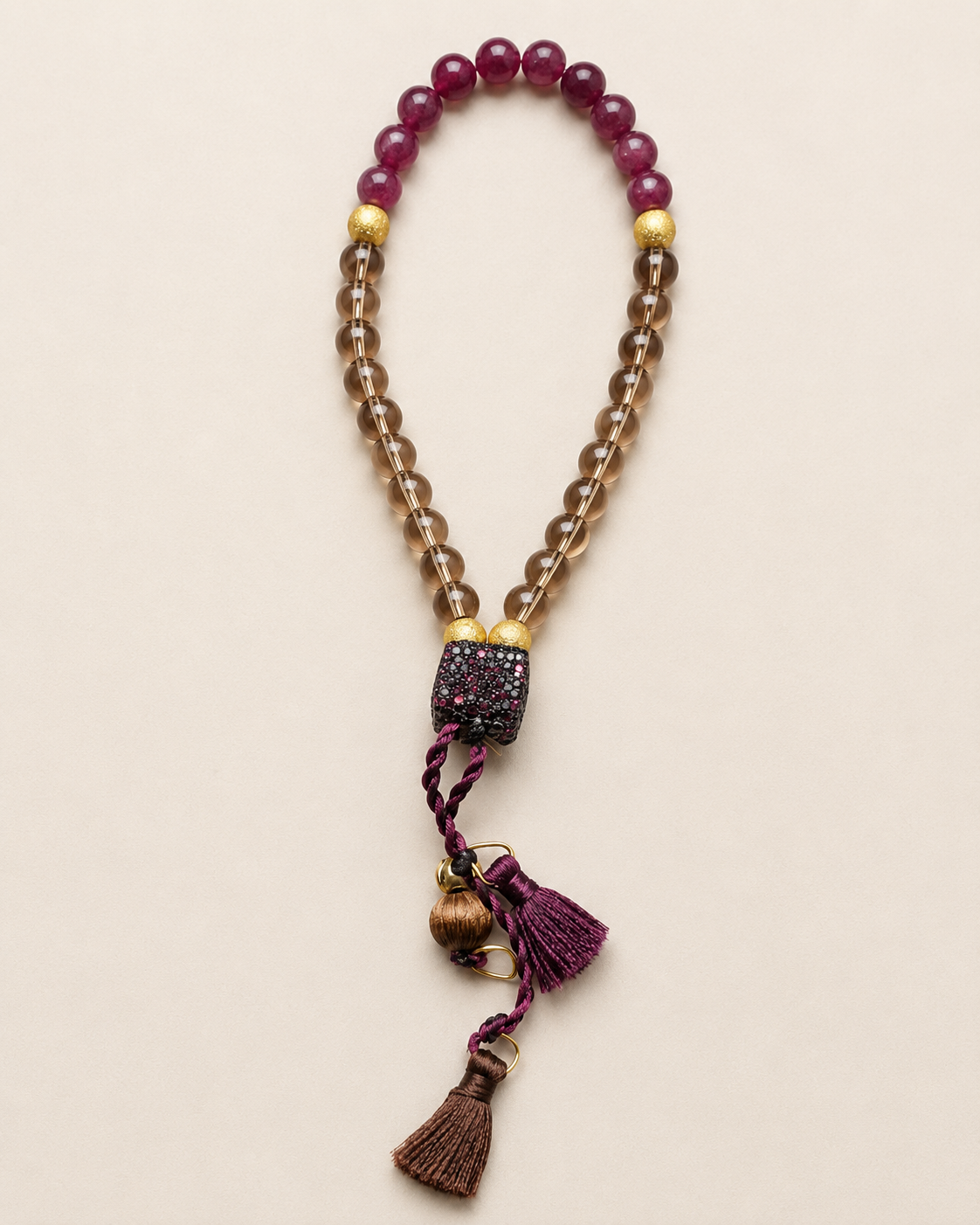 Garnet and Smoky Quartz Stretch Tasbeh with Mini Silk Tassels