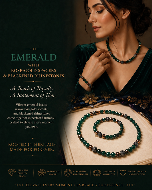 Emerald, Rose-Gold & Blackened Rhinestone Necklace and Bracelet Set