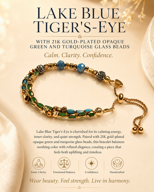Lake Blue Tiger’s-Eye and 21K Gold-Plated Glass Bead Adjustable Bracelet