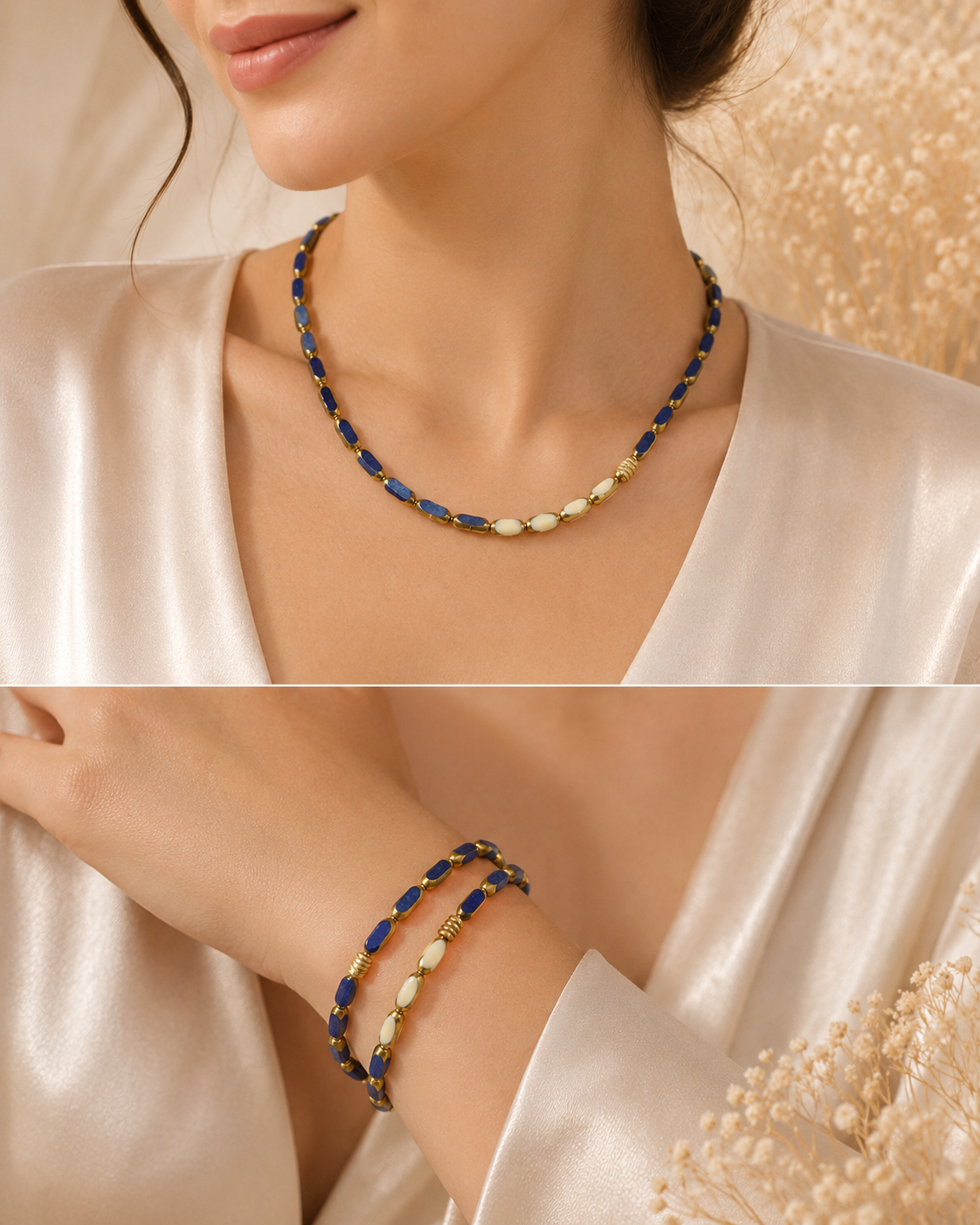 Convertible Royal Blue and Ivory Glass Bead Necklace