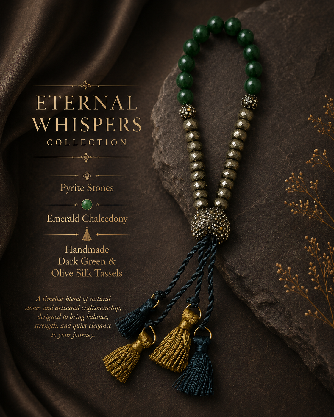 Pyrite and Emerald Chalcedony Stretch Tasbeh with Handmade Silk Tassels