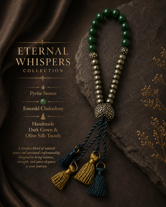 Pyrite and Emerald Chalcedony Stretch Tasbeh with Handmade Silk Tassels