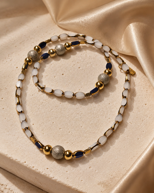 Gold-Plated White and Royal Blue Glass Bead Necklace