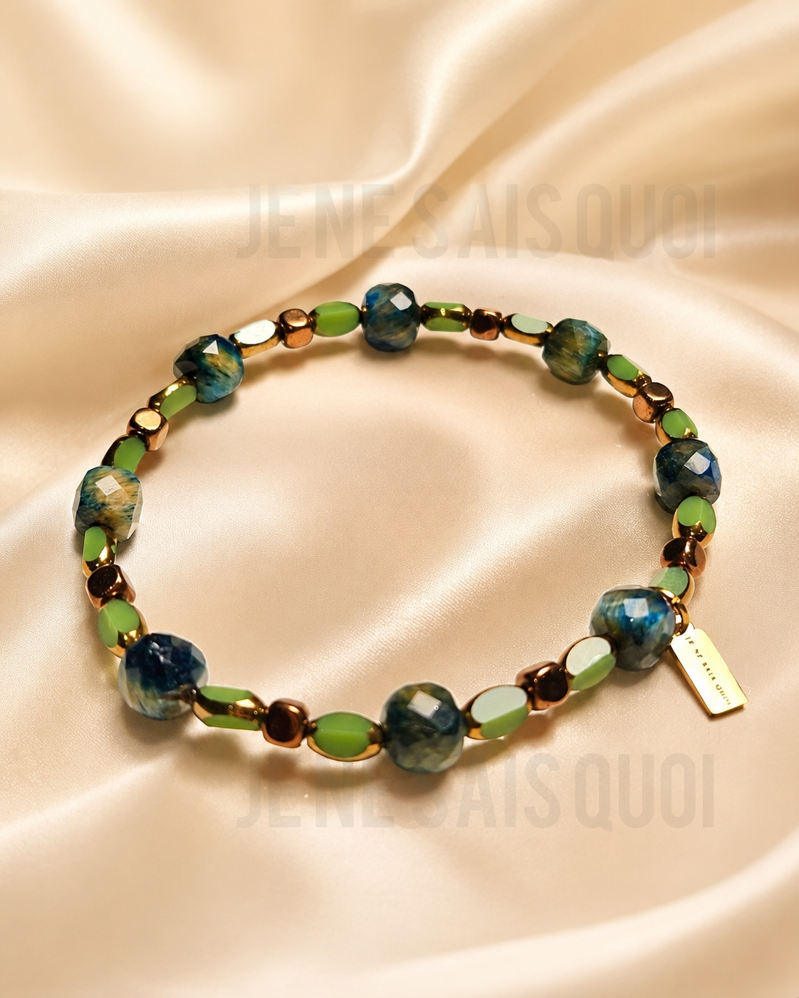 Squared Lake Blue Tiger’s-Eye and Leaf Green Glass Bracelet