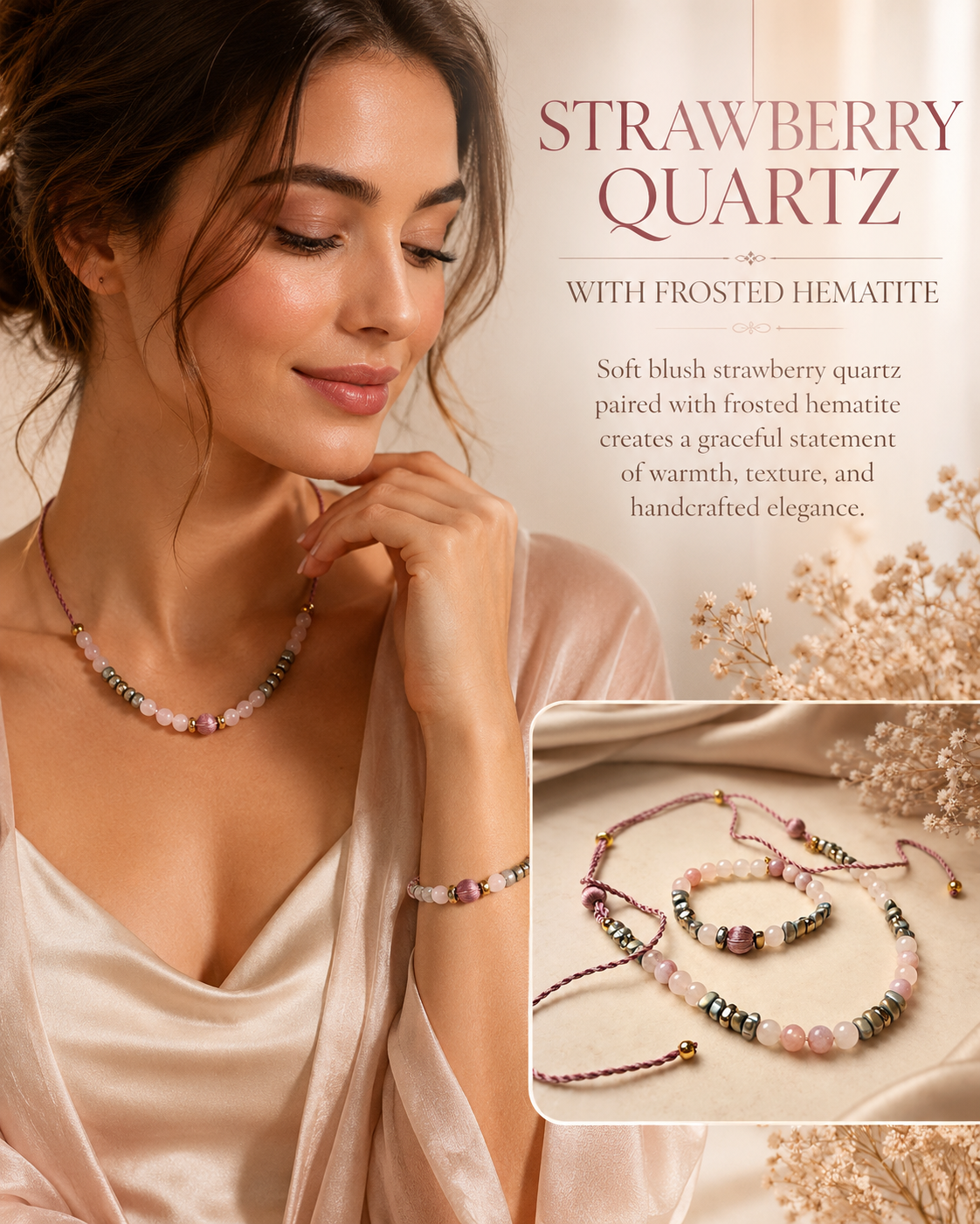 Strawberry Quartz & Frosted Hematite Necklace and Bracelet Set