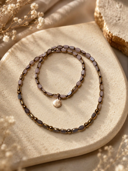 Gray Mauve and Mauve Convertible Necklace with Rose-Gold Charm