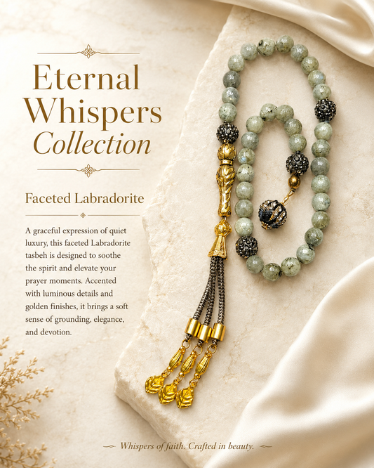 Faceted Labradorite Tasbeh with Ornate Gold Finish