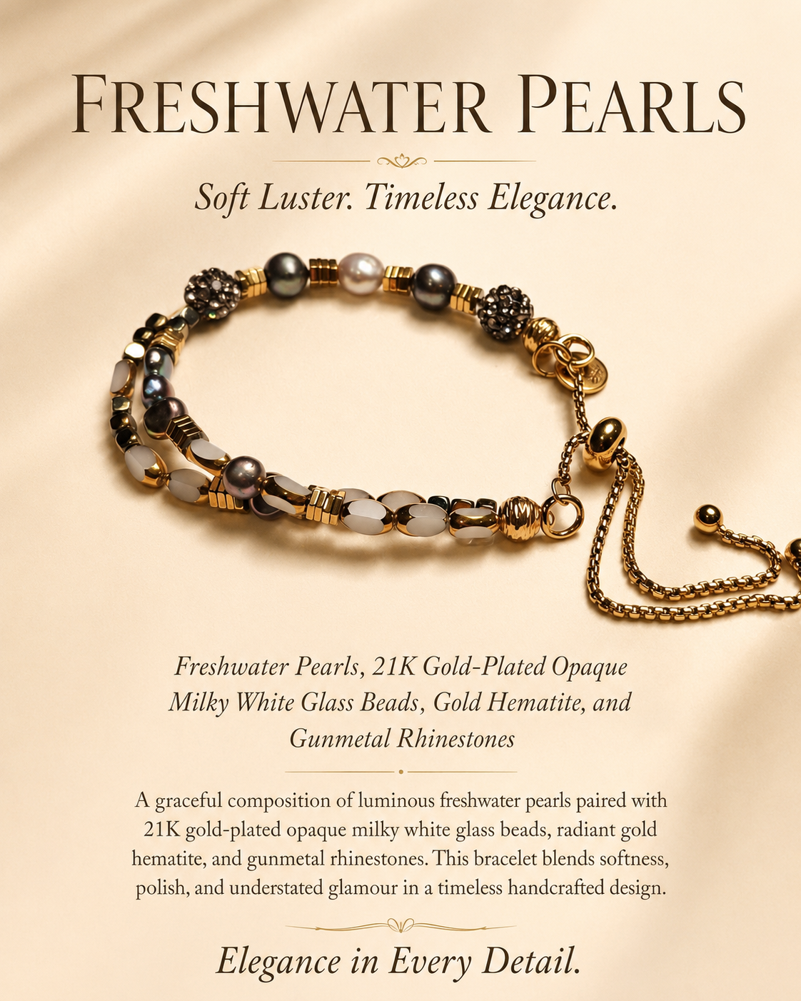 Freshwater Pearl, Milky White Glass and Gold Hematite Adjustable Bracelet