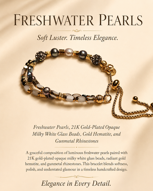 Freshwater Pearl, Milky White Glass and Gold Hematite Adjustable Bracelet