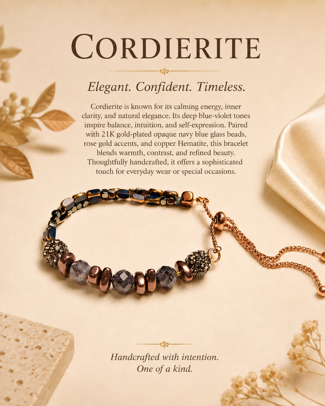 Cordierite, Navy Glass and Copper Hematite Adjustable Bracelet