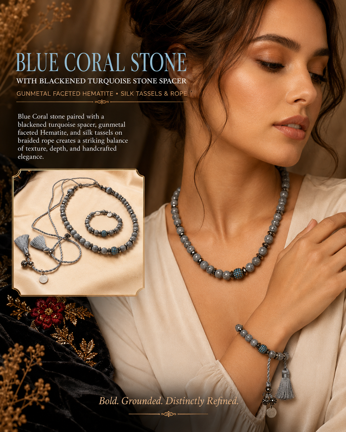 Slate Blue Coral Stone, Gunmetal Hematite and Silk Tassel Jewelry Set