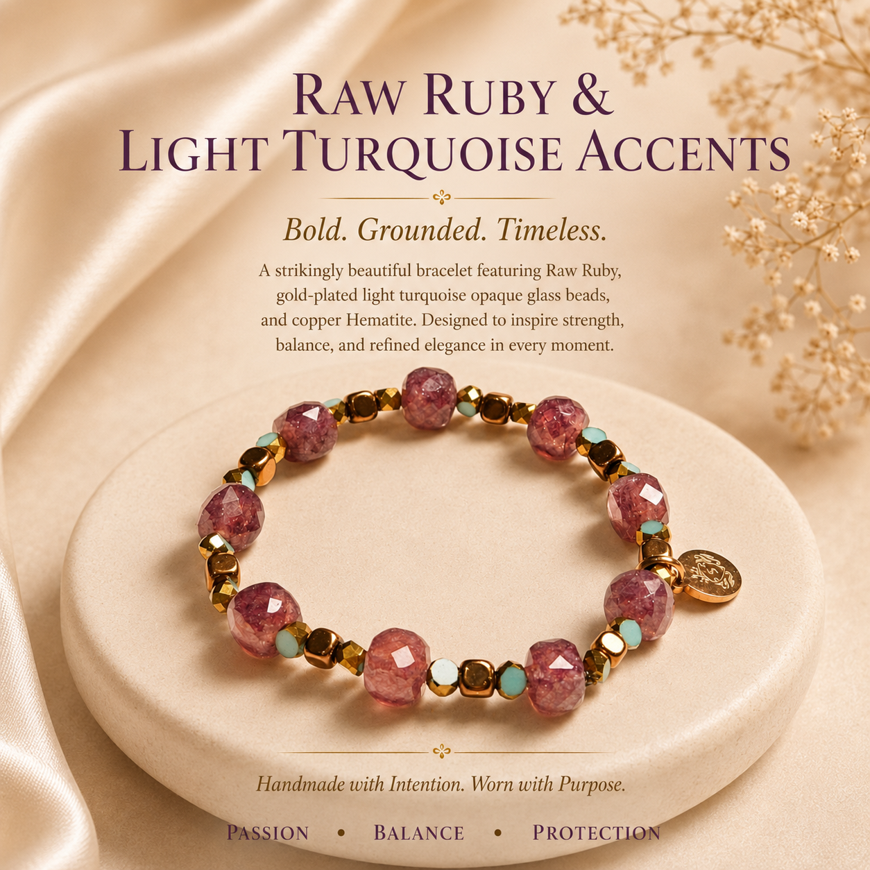 Raw Ruby, Light Turquoise Glass and Copper Hematite Bracelet