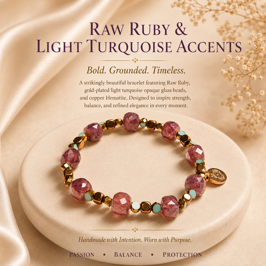 Raw Ruby, Light Turquoise Glass and Copper Hematite Bracelet