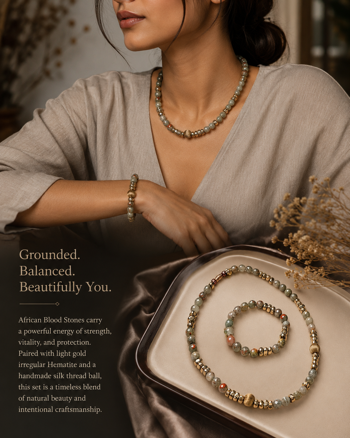 African Bloodstone and Light Gold Hematite Necklace and Bracelet Set