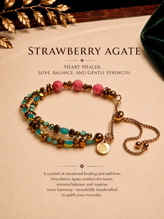 Strawberry Agate, Turquoise Glass and Gold-Toned Bracelet