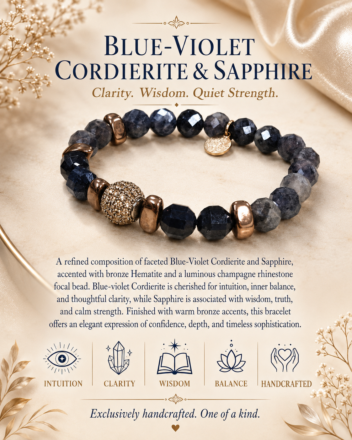 Blue-Violet Cordierite, Sapphire and Bronze Hematite Bracelet