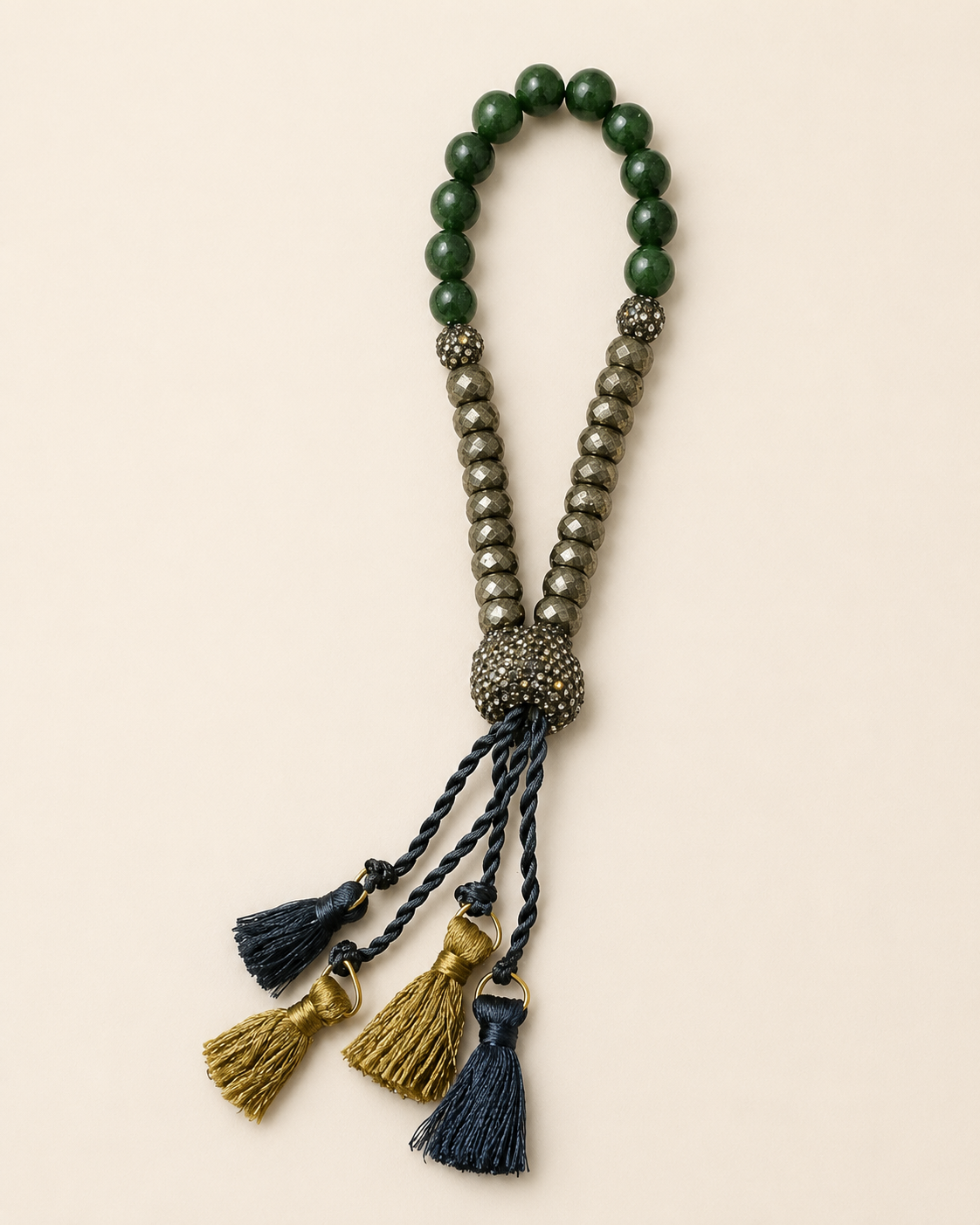 Pyrite and Emerald Chalcedony Stretch Tasbeh with Handmade Silk Tassels
