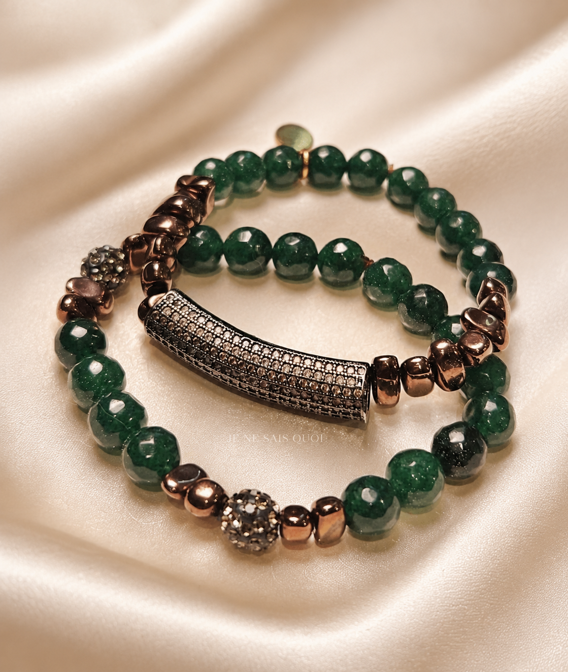 Emerald, Copper Hematite and Champagne Rhinestone Bracelet Set