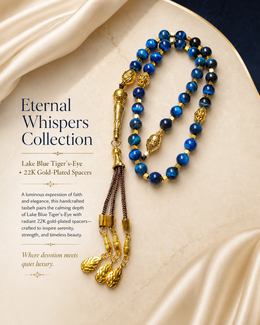 Lake Blue Tiger’s-Eye Tasbeh with 22K Gold-Plated Spacers