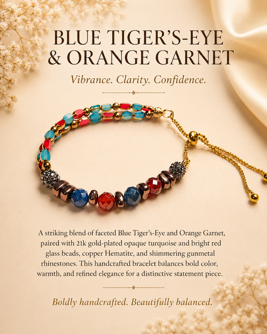 Blue Tiger’s-Eye, Orange Garnet and Copper Hematite Adjustable Bracelet