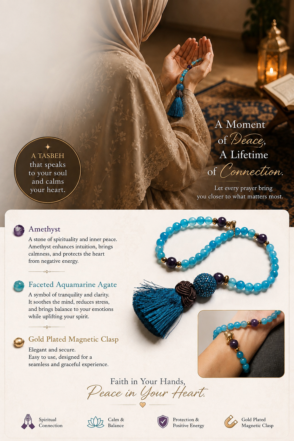 Pre- Order - Aquamarine Agate and Amethyst Tasbeh with Silk Tassel