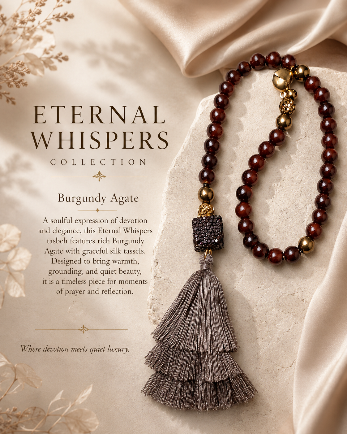 Burgundy Agate Tasbeh with Layered Taupe Silk Tassel