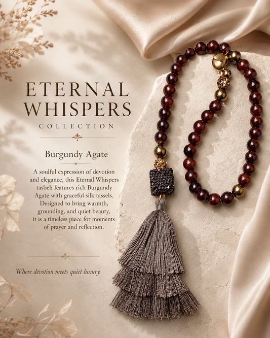 Burgundy Agate Tasbeh with Layered Taupe Silk Tassel