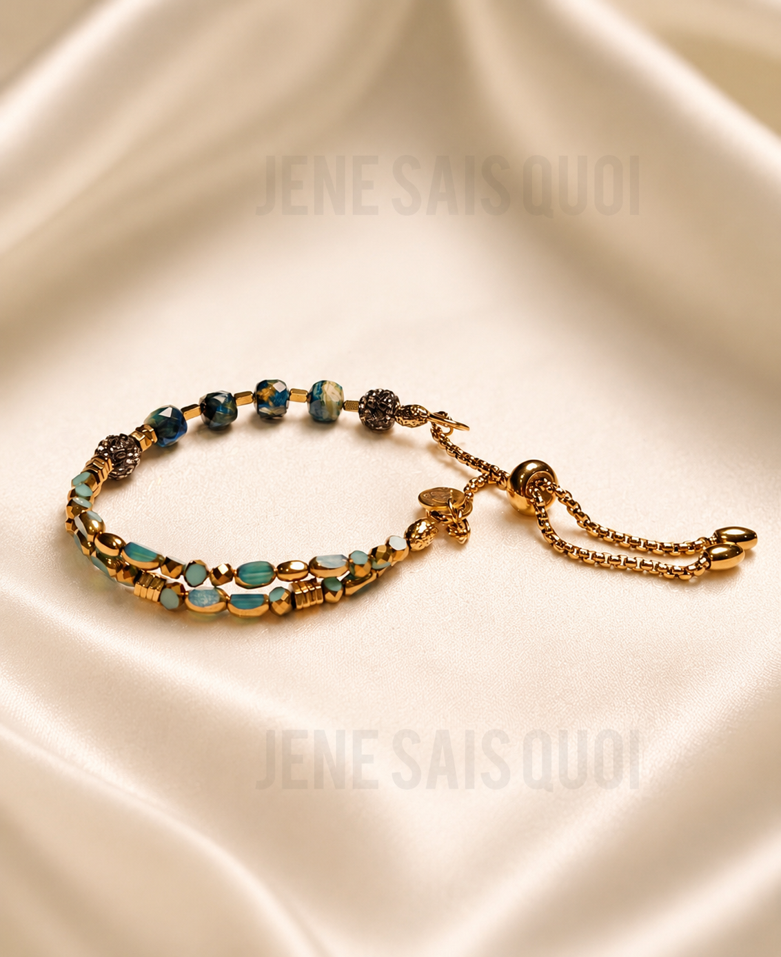 Squared Lake Blue Tiger’s-Eye and Sea Green Glass Adjustable Bracelet