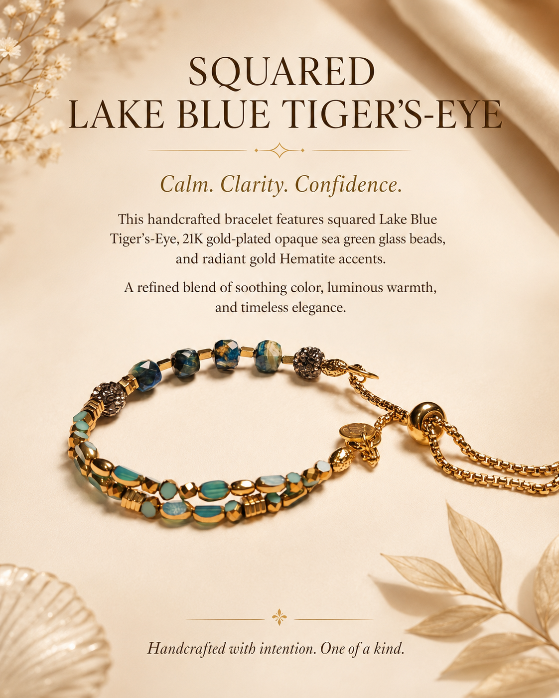 Squared Lake Blue Tiger’s-Eye and Sea Green Glass Adjustable Bracelet