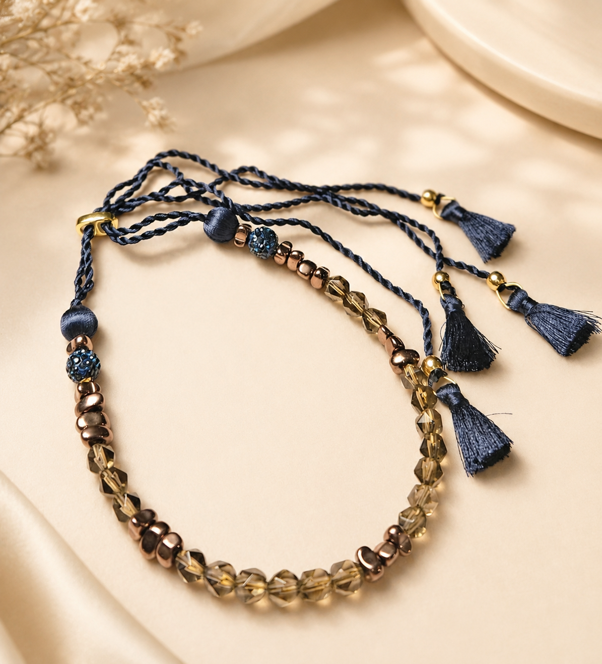 Smoky Quartz, Chocolate Hematite and Navy Silk Tassel Necklace