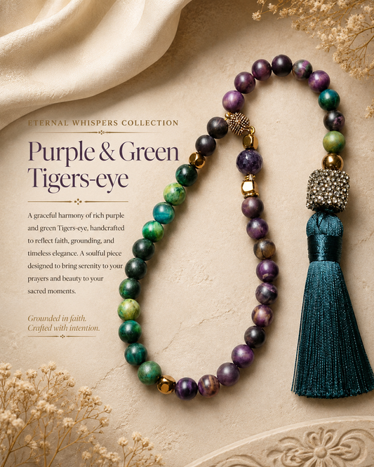 Purple and Green Tiger’s-Eye Tasbeh with Teal Silk Tassel
