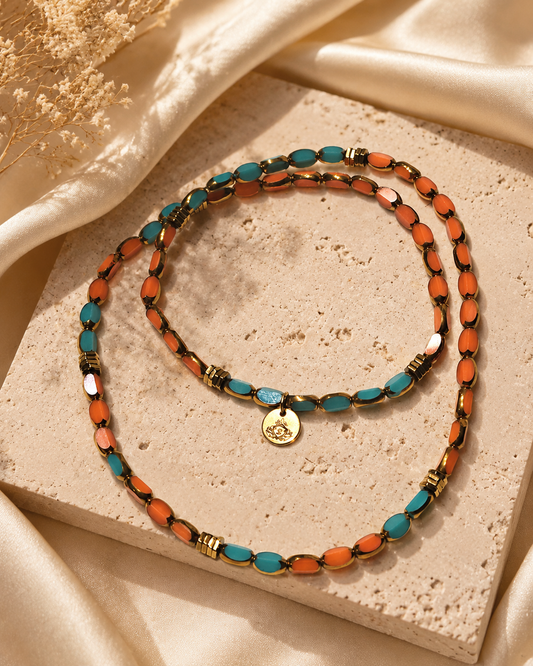 Turquoise and Coral Convertible Necklace with Gold Charm