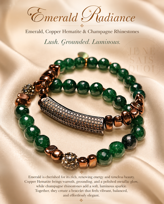 Emerald, Copper Hematite and Champagne Rhinestone Bracelet Set