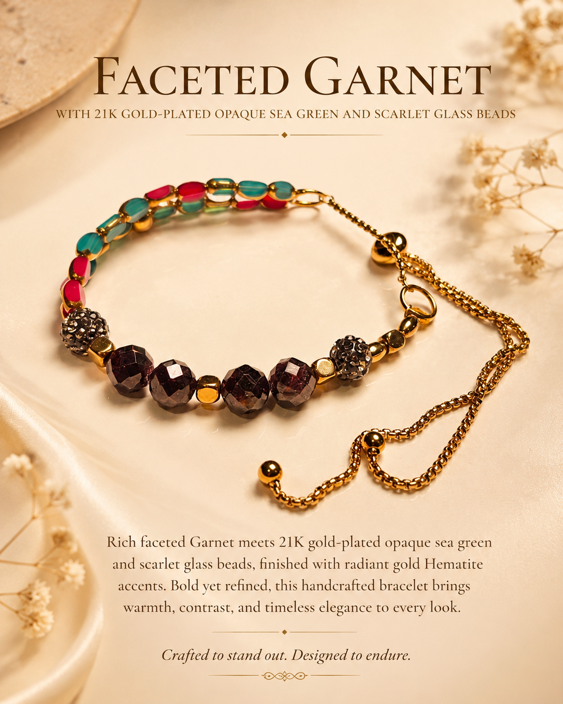 Faceted Garnet, Sea Green and Scarlet Glass Adjustable Bracelet