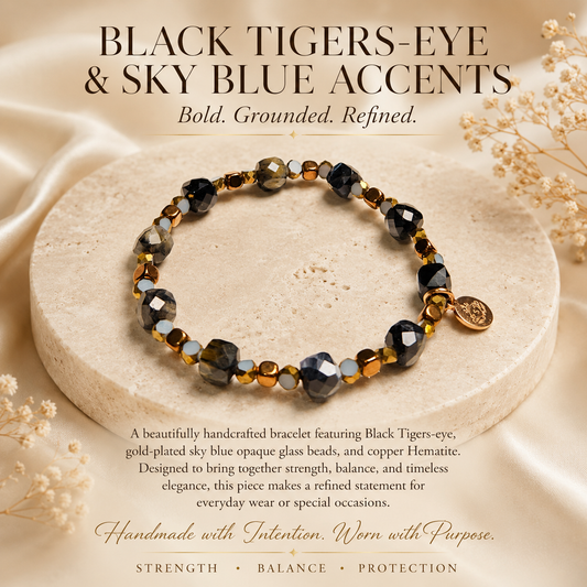 Black Tiger’s-Eye, Sky Blue Glass and Copper Hematite Bracelet