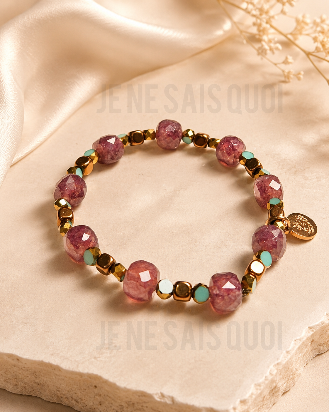 Raw Ruby, Light Turquoise Glass and Copper Hematite Bracelet