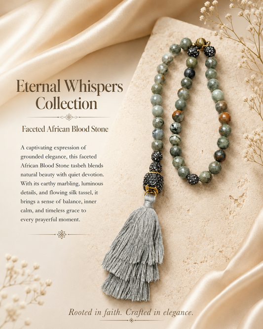 Faceted African Bloodstone Tasbeh with Silver Silk Tassel
