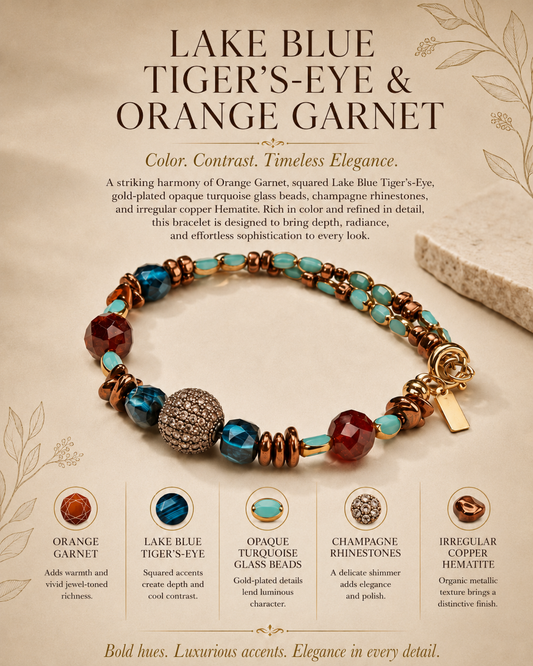 Orange Garnet, Lake Blue Tiger’s-Eye & Copper Hematite Statement Bracelet